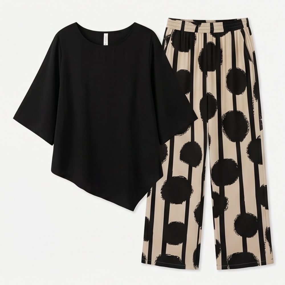 Asymmetric Drape 2-Piece Set with Wide-Leg Print Pants — View 16 | Clova