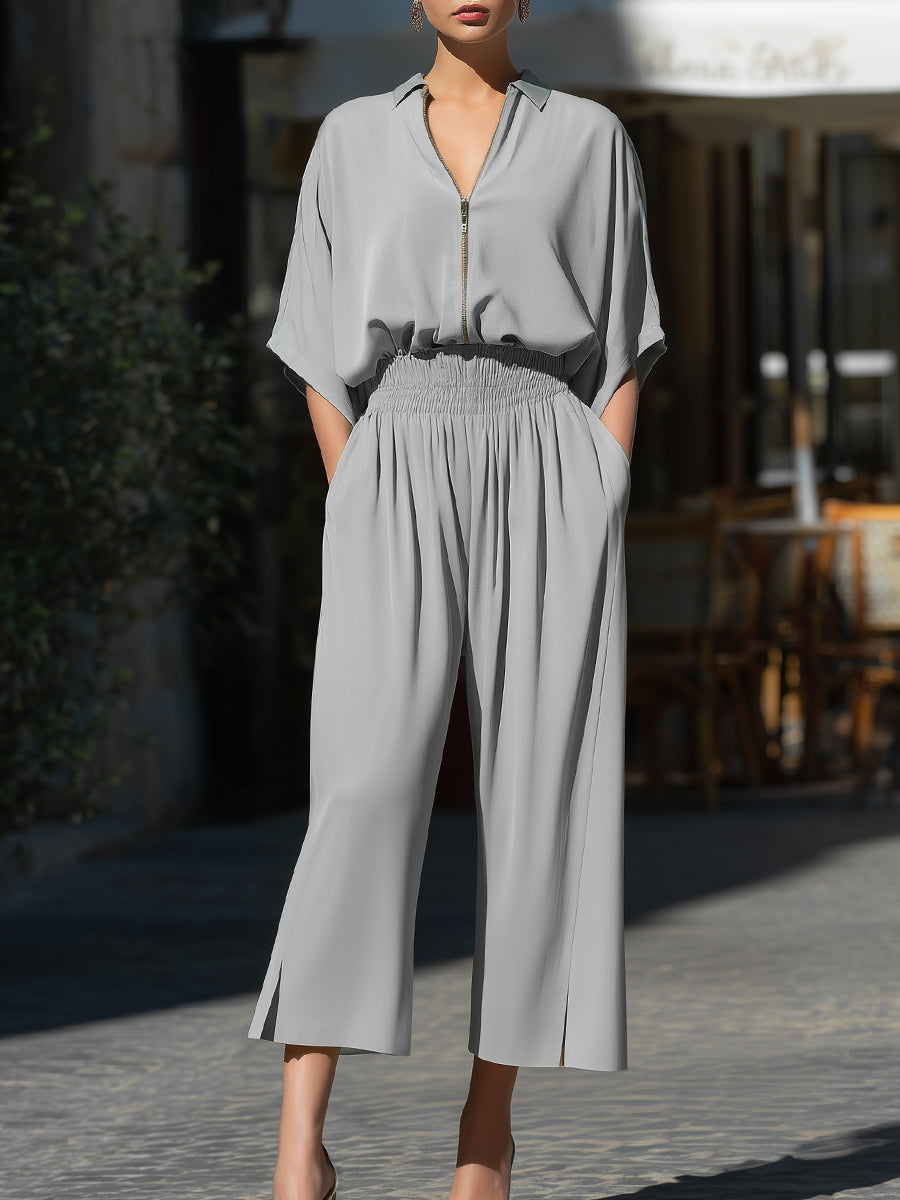 Zip-Front Relaxed Blouse And Wide-Leg Pants Set - Clova Women's Fashion
