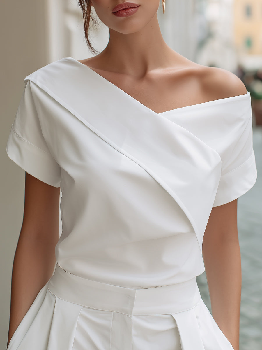 Asymmetrical Off-Shoulder Folded Collar Blouse - Clova Women's Fashion