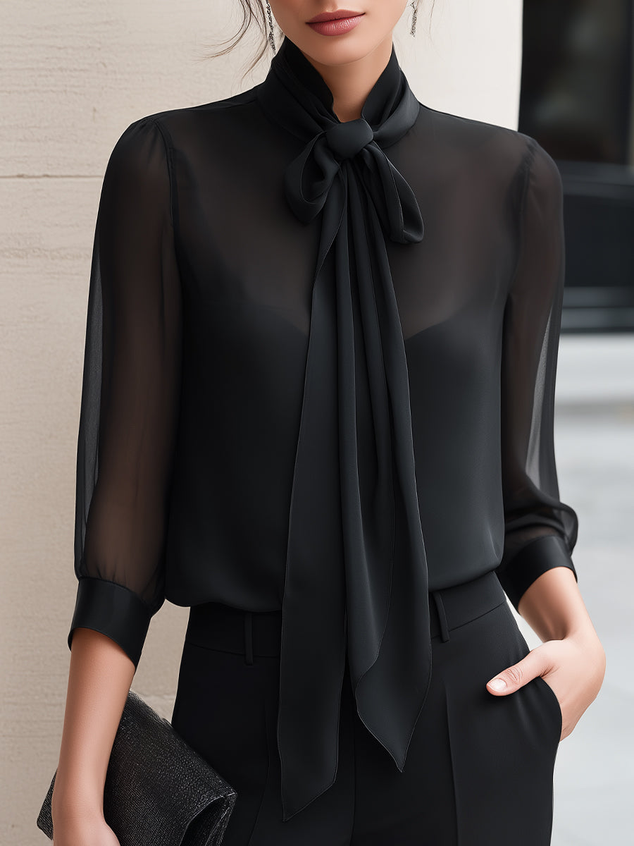 Sheer Sleeve Tie-Neck Chiffon Blouse - Clova Women's Fashion