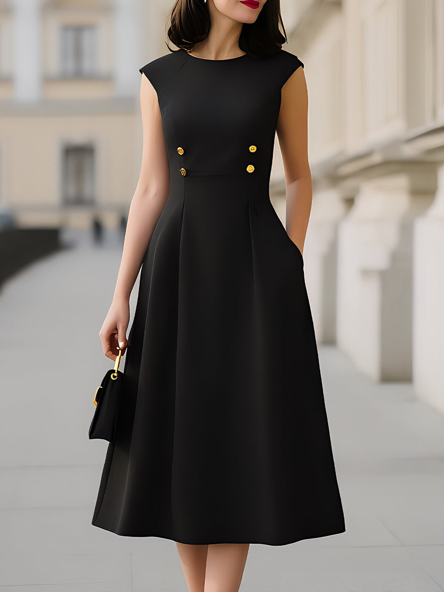 Cap-Sleeve Round-Neck A-Line Midi Dress With Gold Button Detail - Clova Women's Fashion