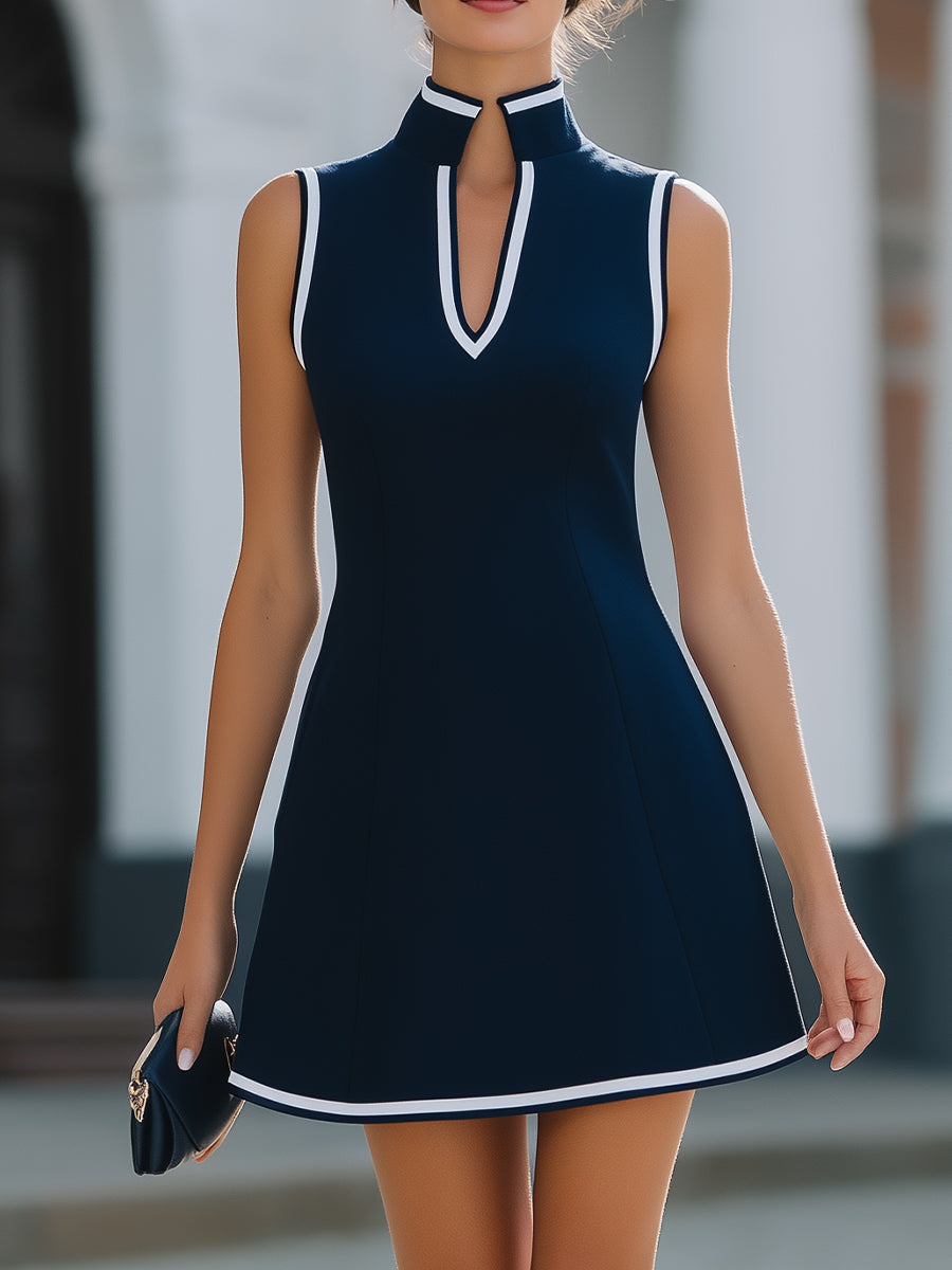 Mandarin-Collar White-Trim Sleeveless A-Line Mini Dress - Clova Women's Fashion