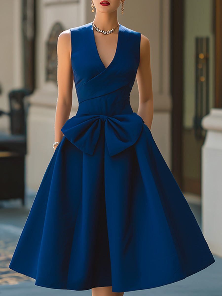 Elegant Bow Waist Sleeveless A-Line Midi Dress - Clova Women's Fashion