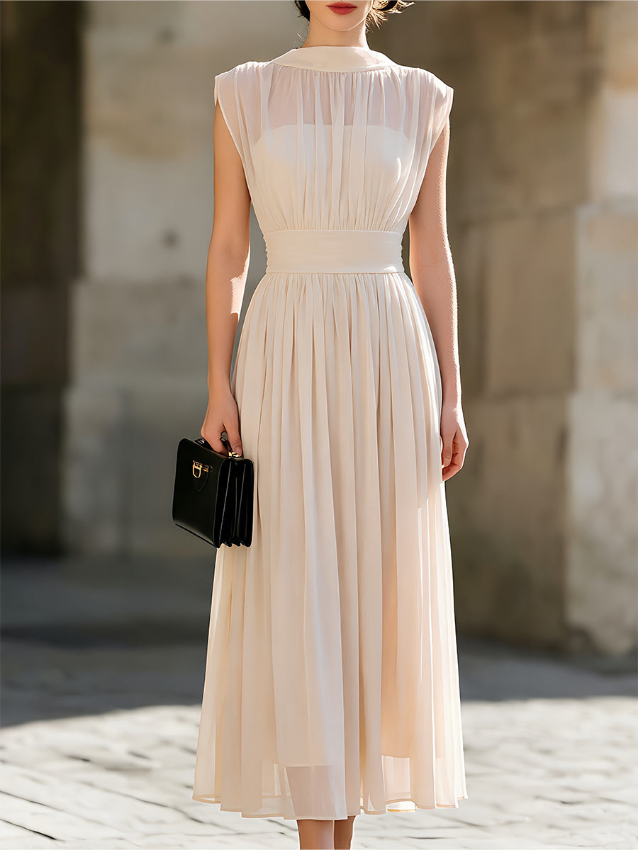 High-Neck Sleeveless Chiffon Pleated Maxi Dress - Clova Women's Fashion