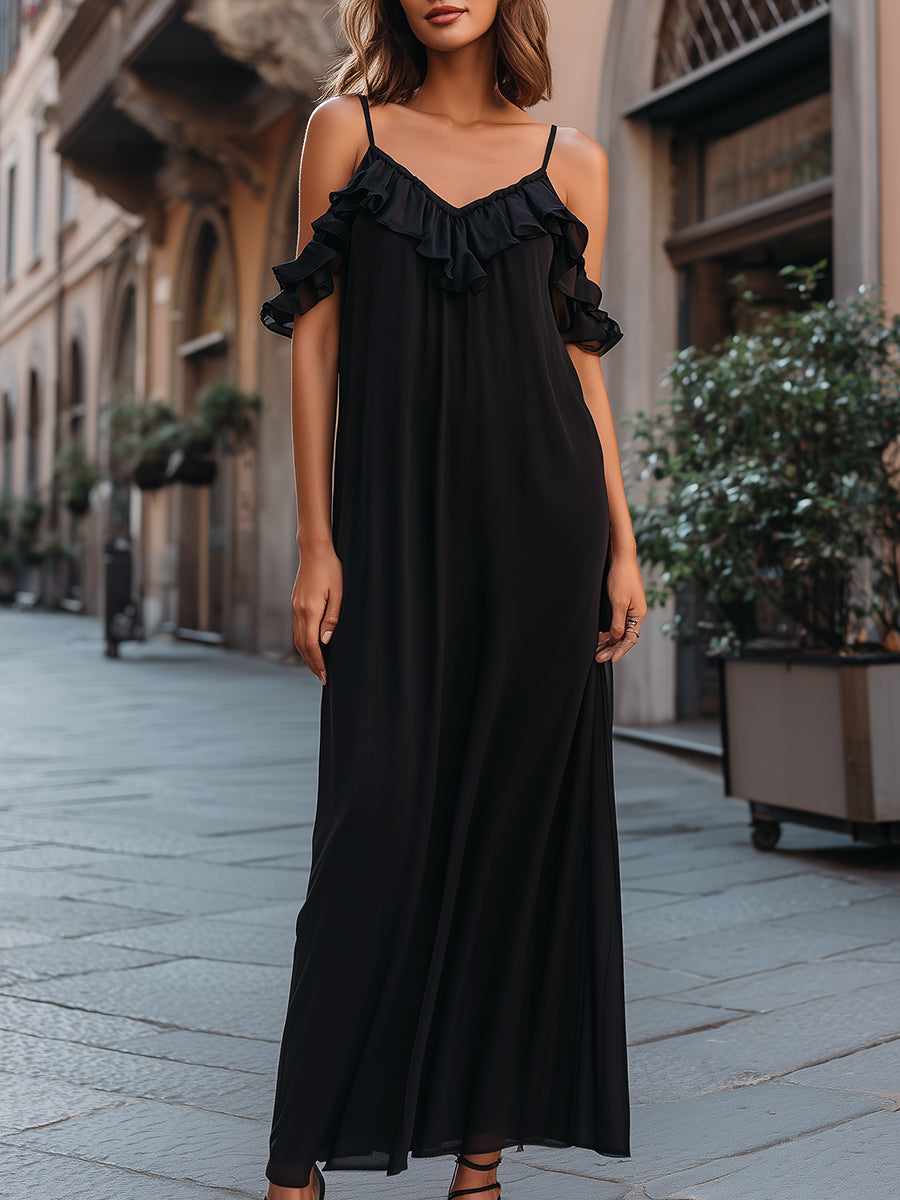 Ruffle Trim Spaghetti Strap Maxi Dress With Cold-Shoulder Detail - Clova Women's Fashion