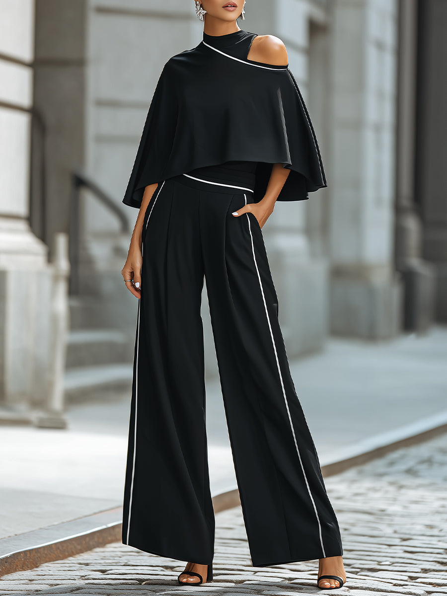 Asymmetric Cut-Out Cape Top With Wide-Leg Tailored Pants Set - Clova Women's Fashion