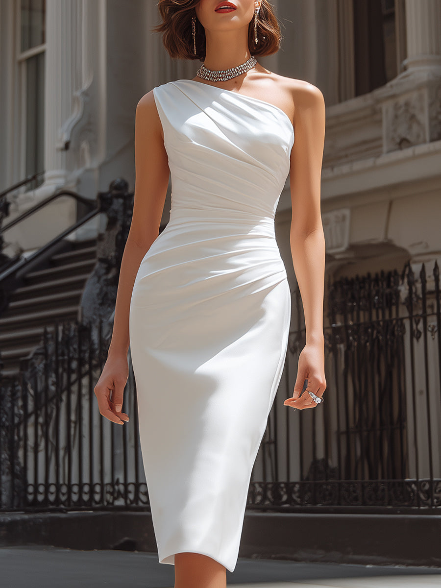 Elegant One-Shoulder Draped Sculpted Midi Dress - Clova Women's Fashion