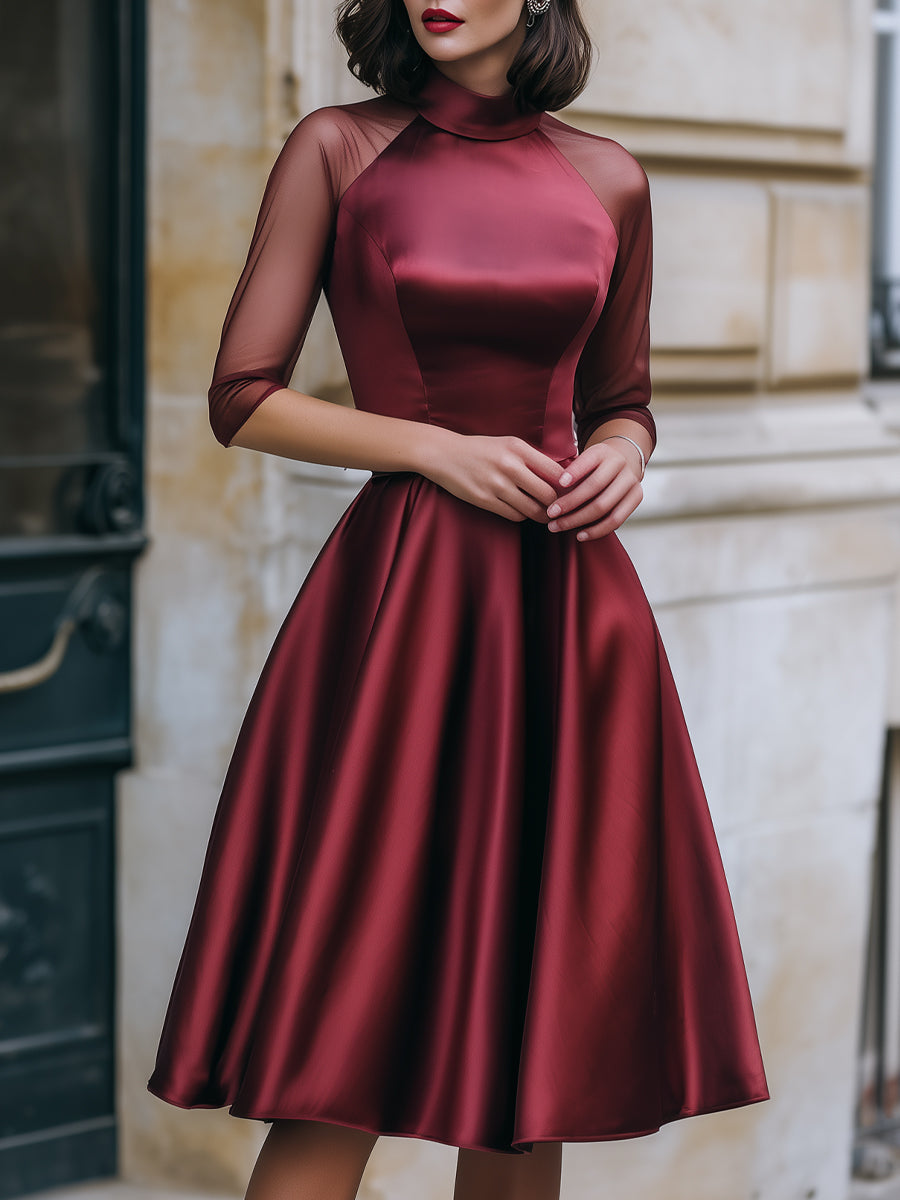 Sheer Mesh Sleeve Satin A-Line Cocktail Dress - Clova Women's Fashion