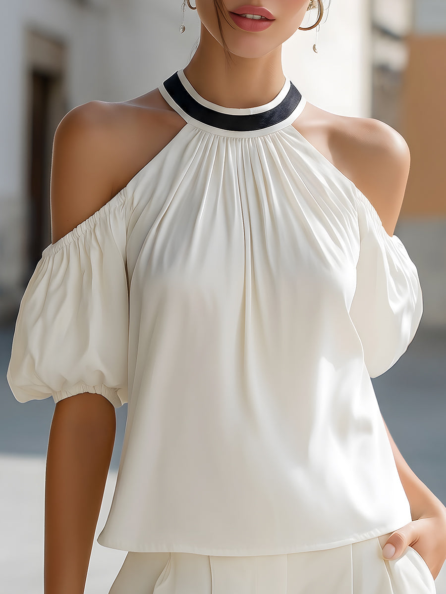Cold-Shoulder Pleated Halter Neck Blouse - Clova Women's Fashion