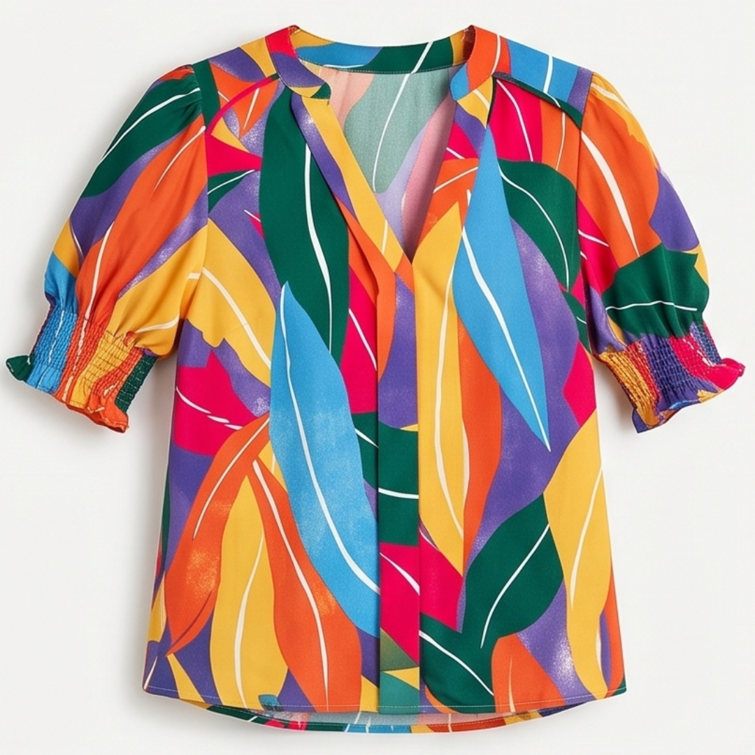 Floral Puff Sleeve V-Neck Blouse — View 12 | Clova