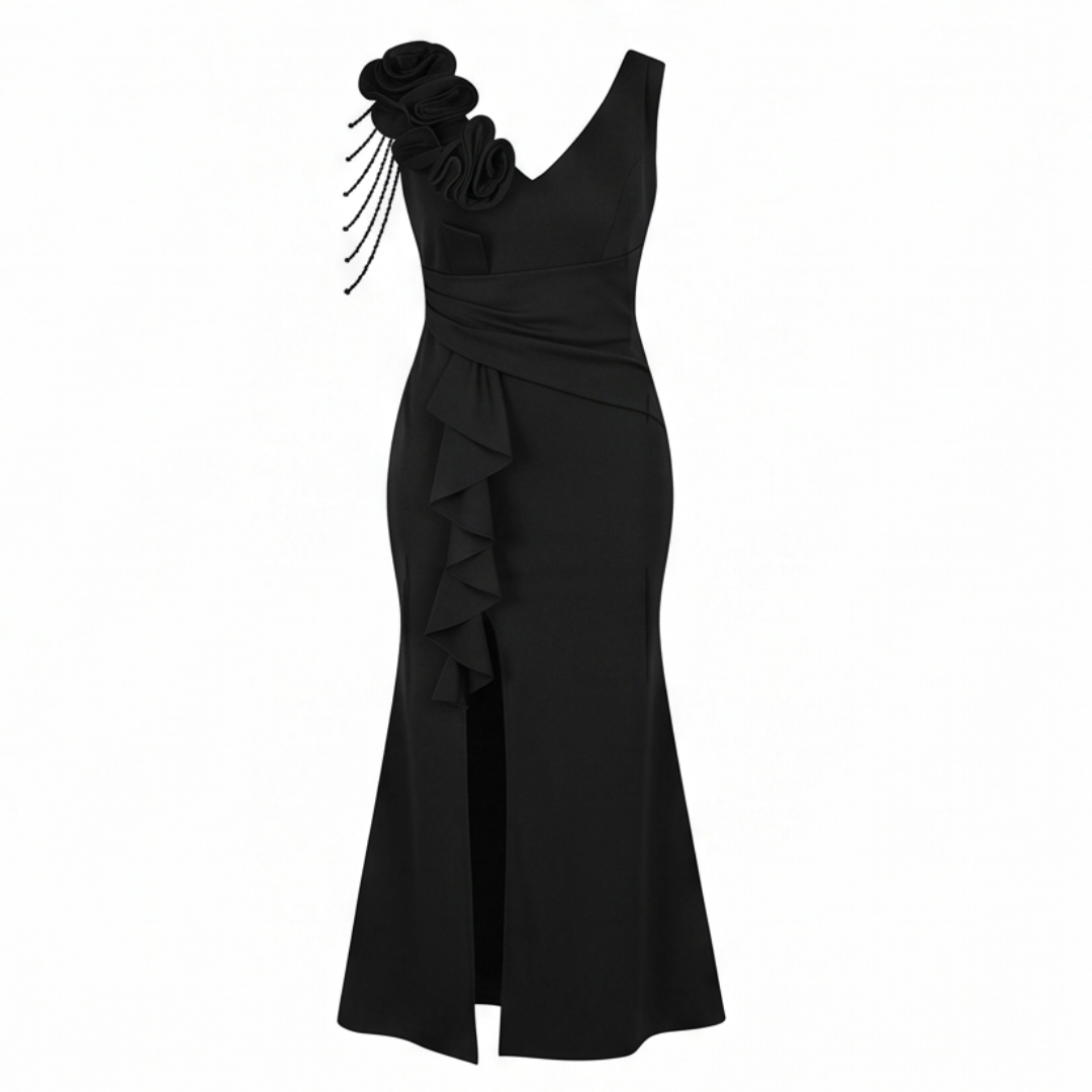 Rosette Shoulder Mermaid Evening Gown — View 17 | Clova