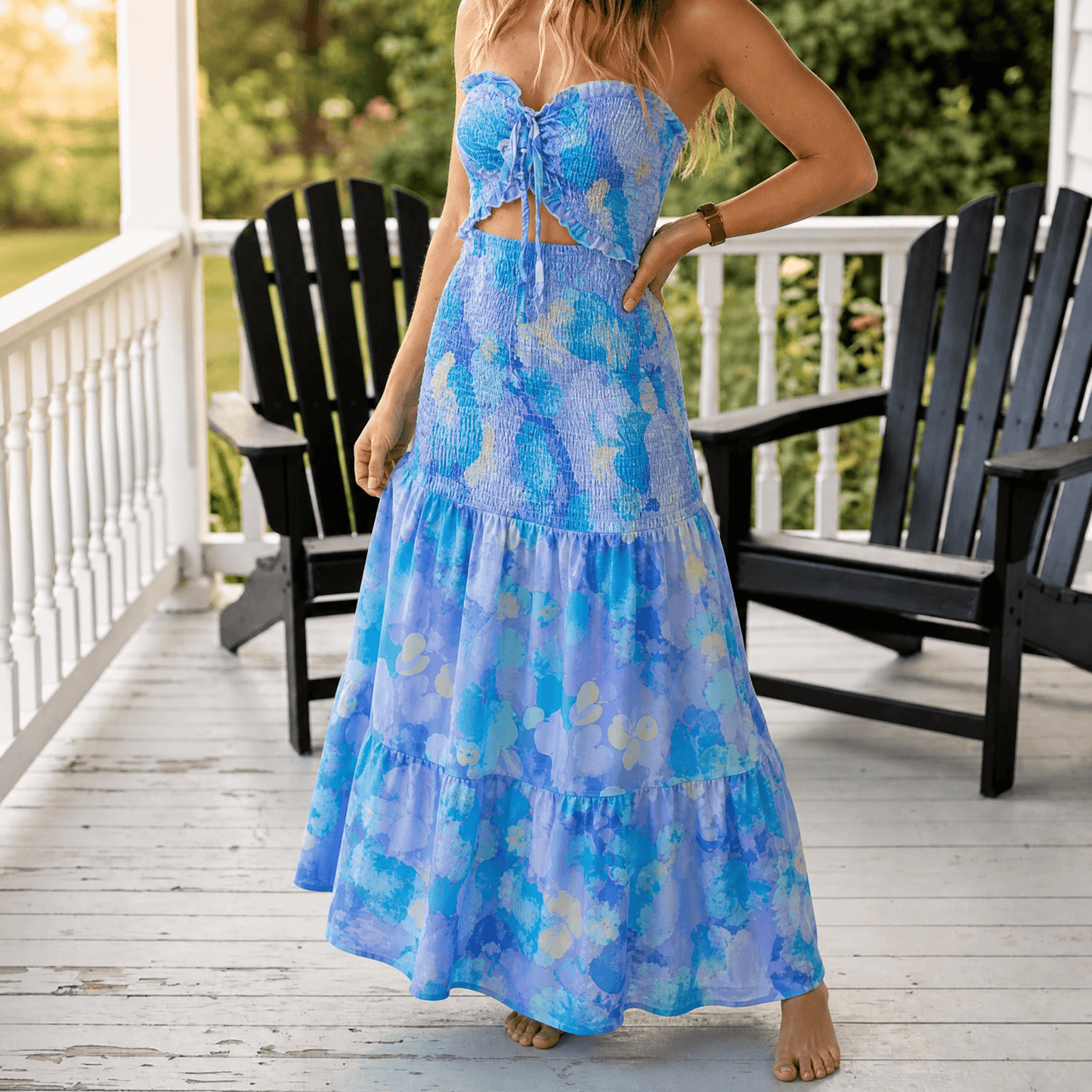 Palm-Print Strapless Maxi Dress — View 12 | Clova