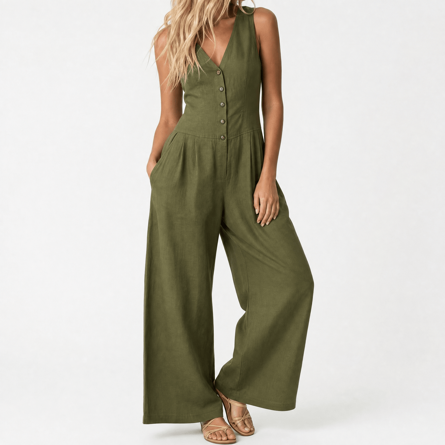 Wide-Leg Button Front Jumpsuit — View 21 | Clova
