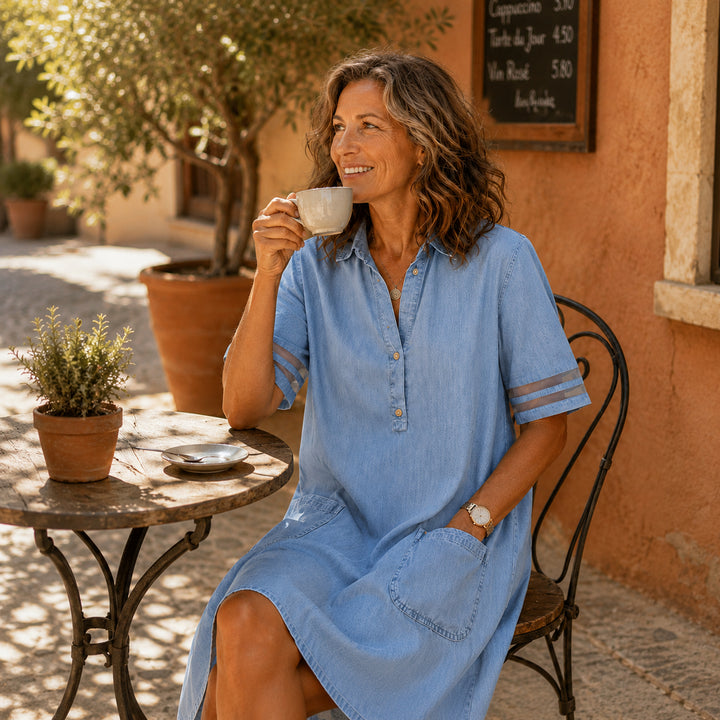 Light Denim Shirt Dress with Pockets, A-Line Mini for Women