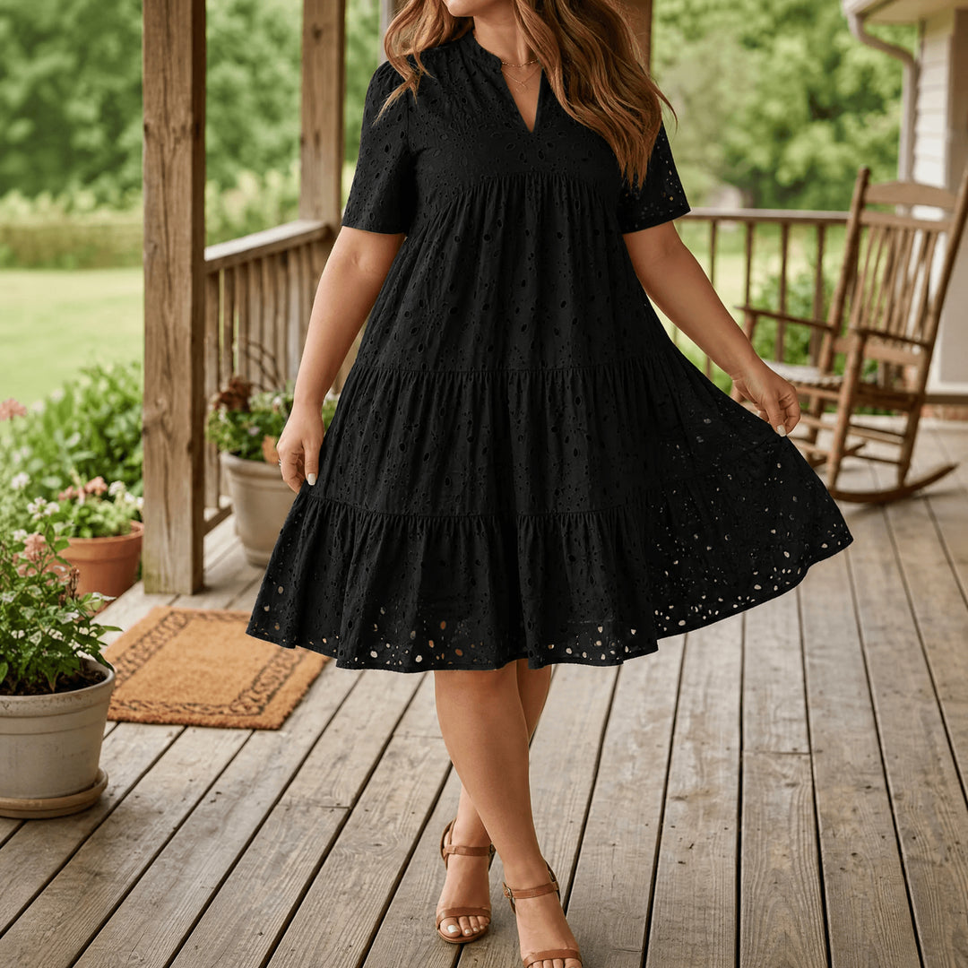 Flowy V-Neck Eyelet Dress for Curvy Fit