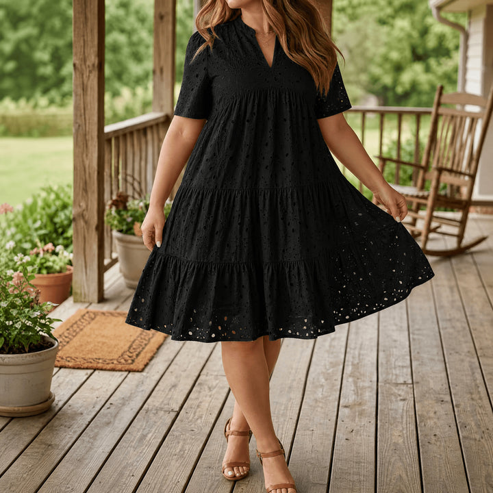 Flowy V-Neck Eyelet Dress for Curvy Fit