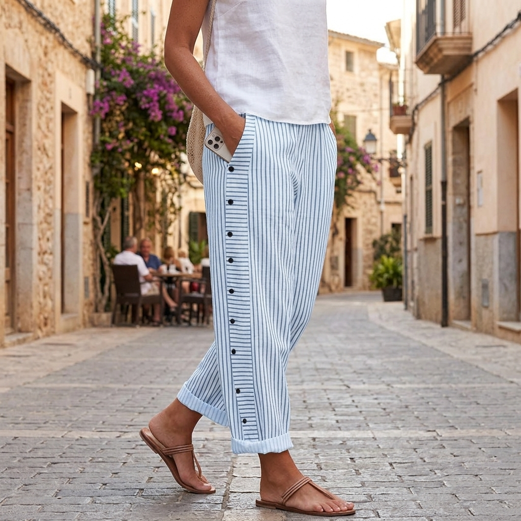 Striped Cotton Pants with Button Trim