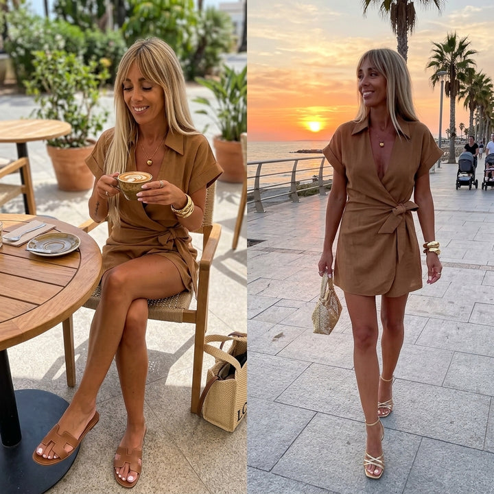 Linen Look Wrap Collar Romper