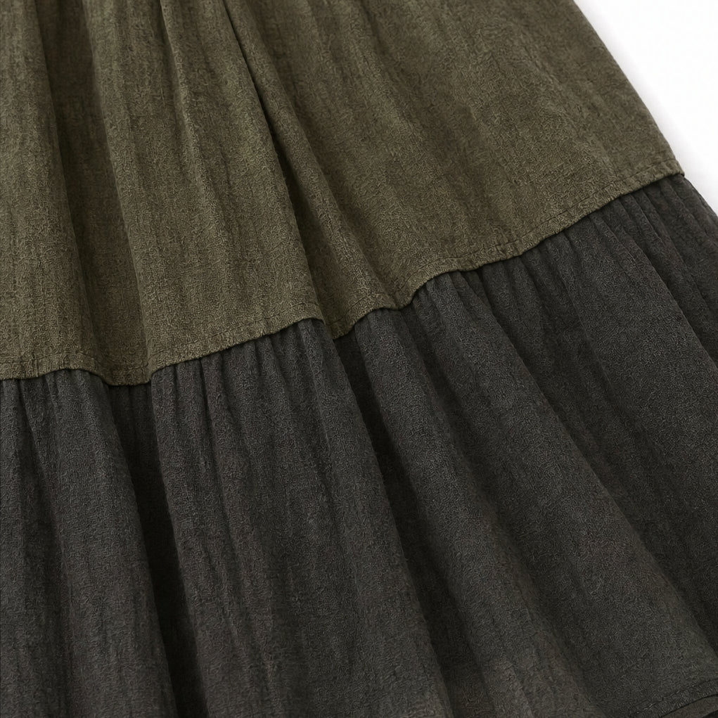 BOHO TIERED MAXI DRESS WITH LEOPARD BODICE, COLOR-BLOCK SKIRT, V-NECK