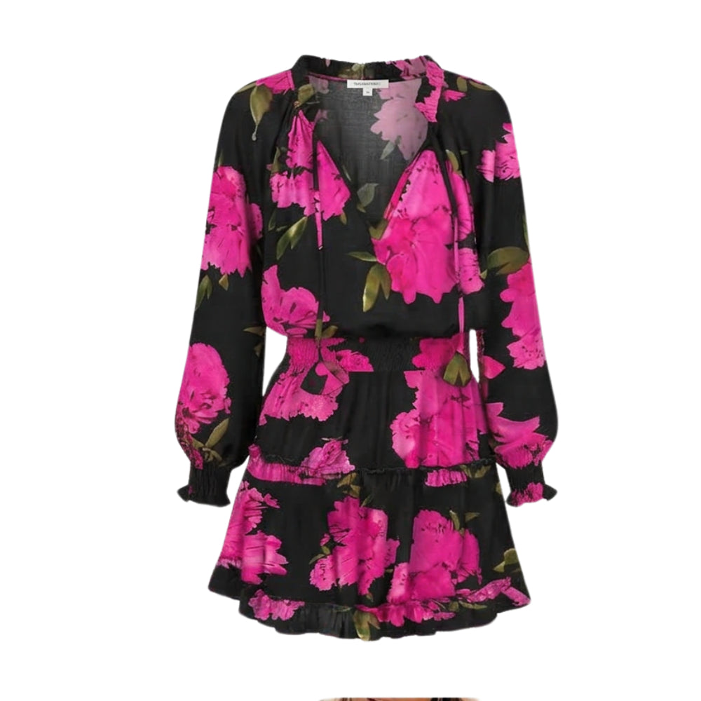 V Neck Ruffle Mini Dress with Lantern Sleeves