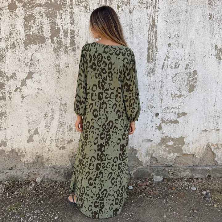 Leopard Print V-Neck Maxi Dress with Pockets, Loose Kaftan Fit, 4 Colors