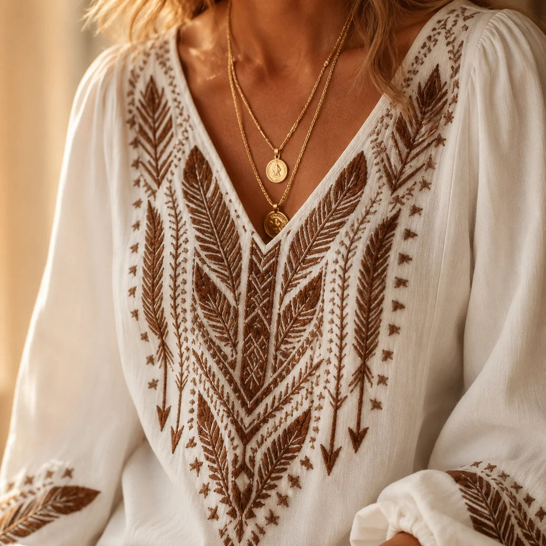 Embroidered Boho Blouse, V-Neck, Balloon Sleeve