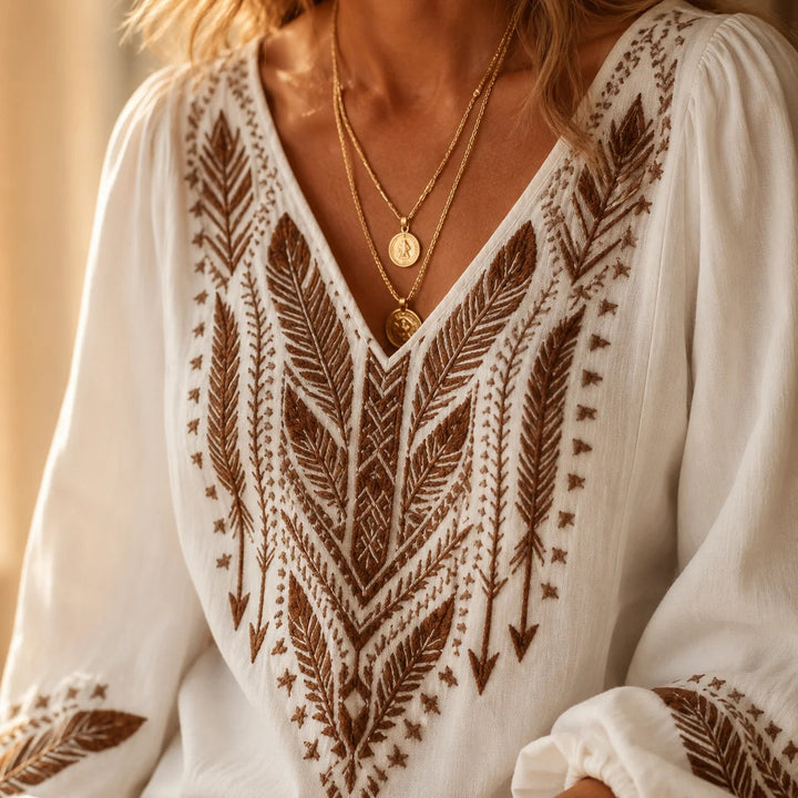 Embroidered Boho Blouse, V-Neck, Balloon Sleeve