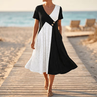 Diagonal Patchwork V Neck Midi Dress