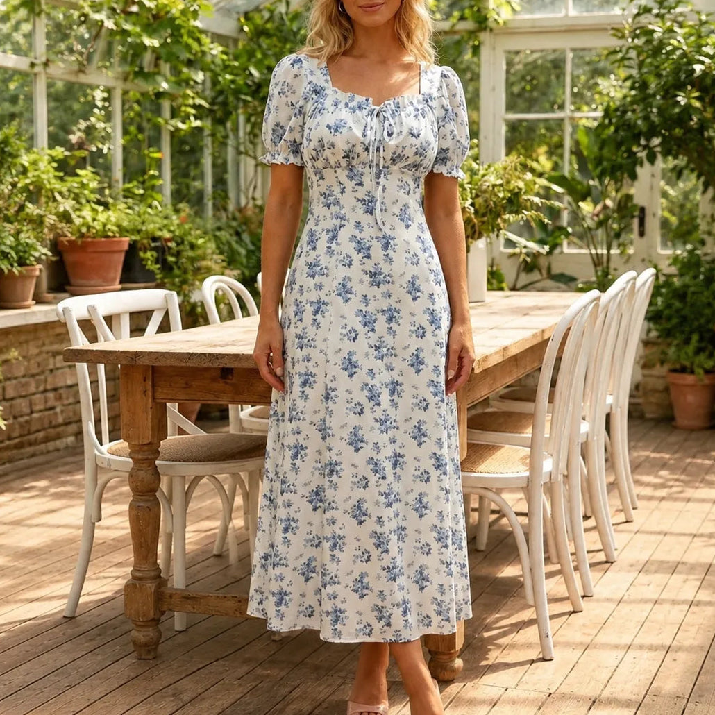 Floral Midi Dress with Tie-Front Square Neckline