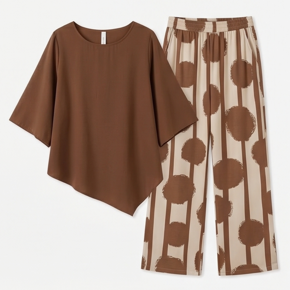 Asymmetric Drape 2-Piece Set with Wide-Leg Print Pants — View 14 | Clova