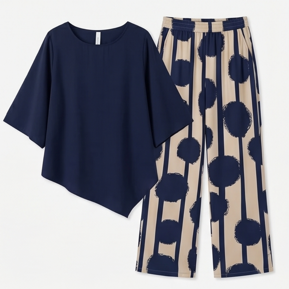 Asymmetric Drape 2-Piece Set with Wide-Leg Print Pants — View 15 | Clova