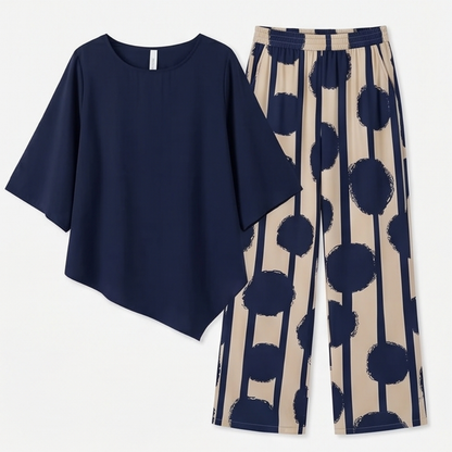 Asymmetric Drape 2-Piece Set with Wide-Leg Print Pants — View 15 | Clova