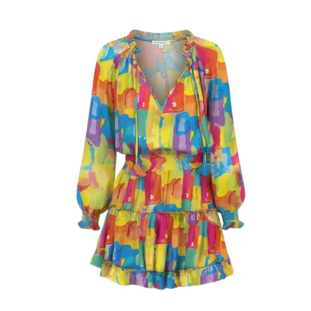 V Neck Ruffle Mini Dress with Lantern Sleeves
