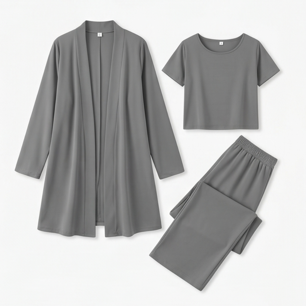 Maevelle Elegant 3-Piece Set with Drape Cardigan — View 12 | Clova