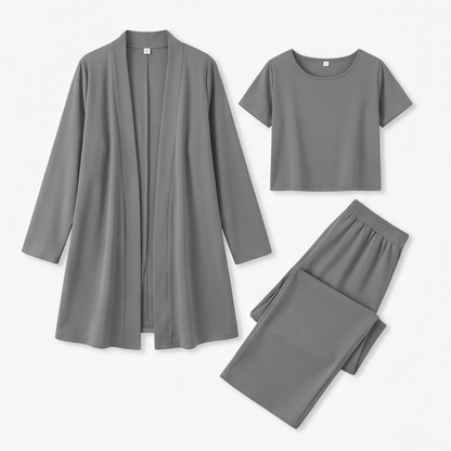 Maevelle Elegant 3-Piece Set with Drape Cardigan — View 12 | Clova