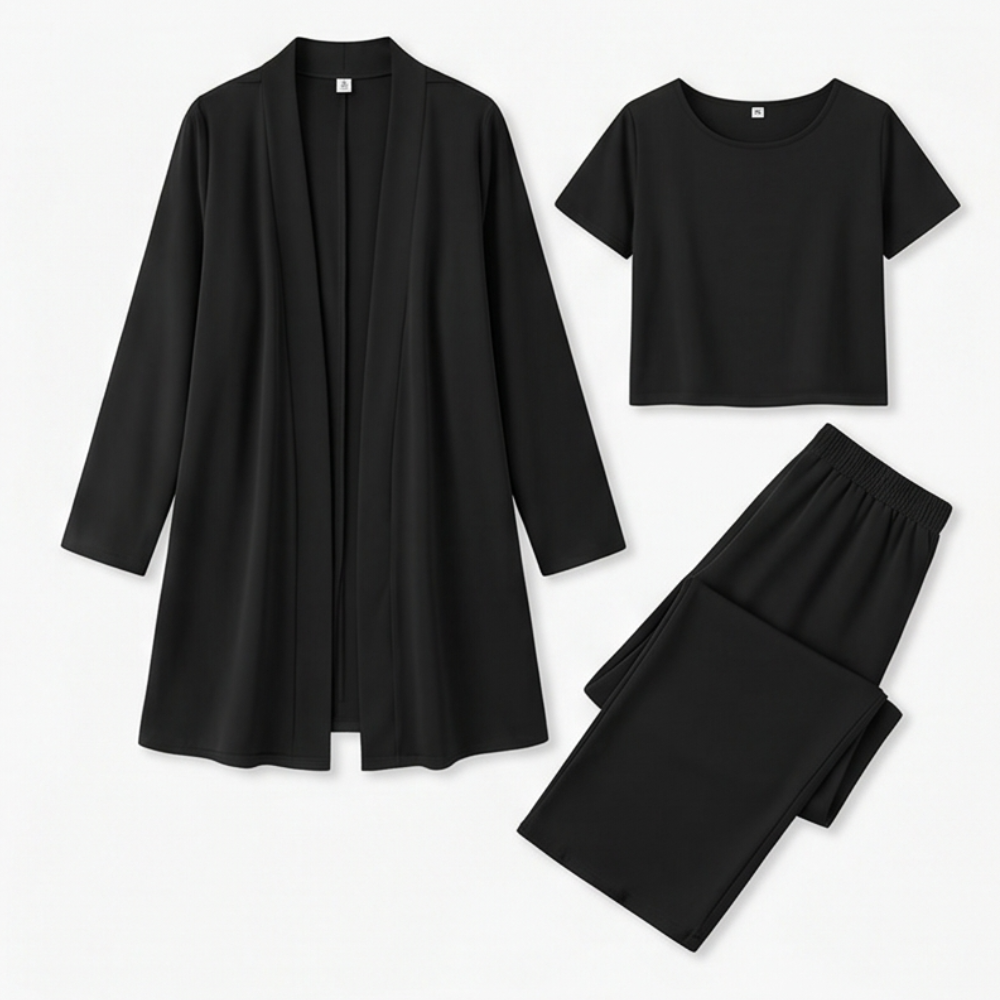 Maevelle Elegant 3-Piece Set with Drape Cardigan — View 14 | Clova