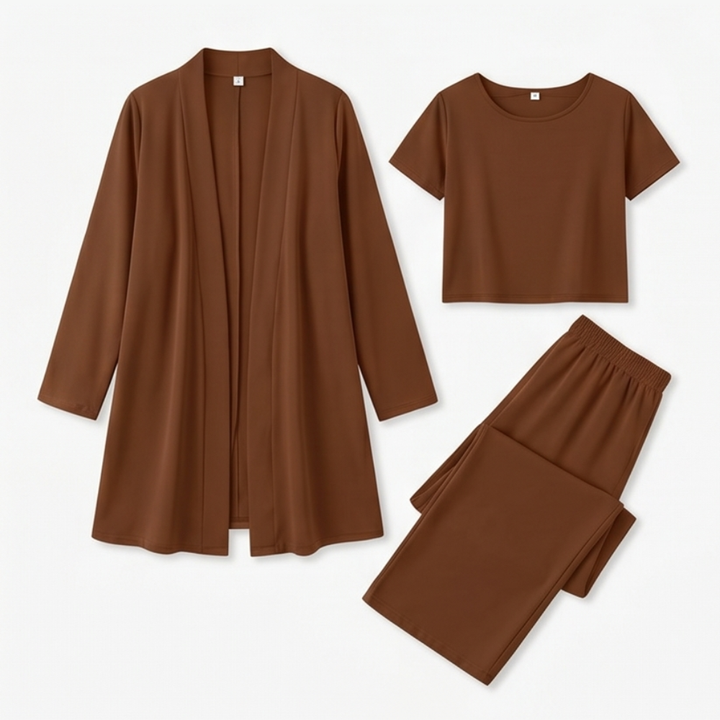 Maevelle Elegant 3-Piece Set with Drape Cardigan — View 15 | Clova