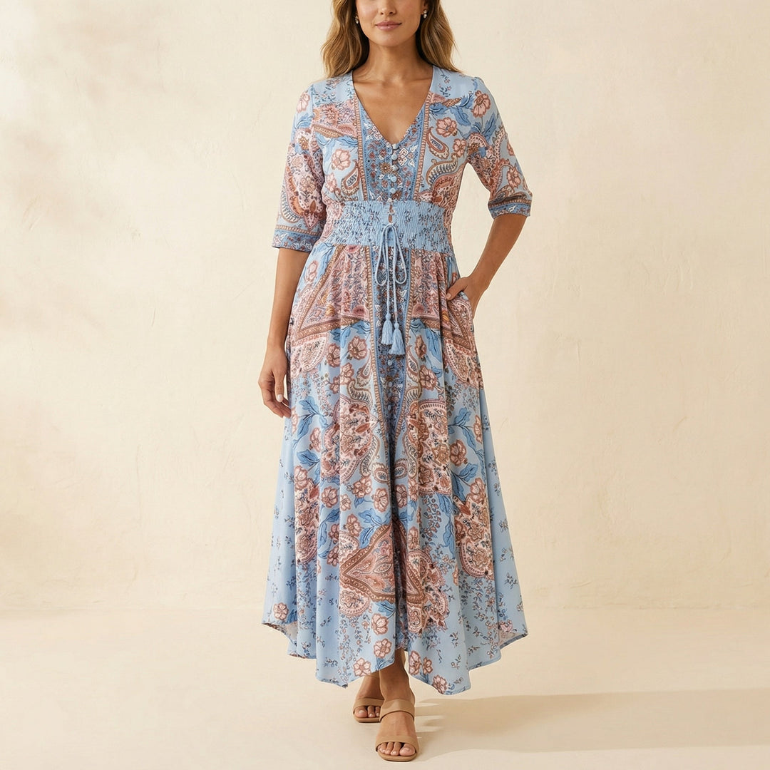 Flowy Floral V Neck Maxi Dress