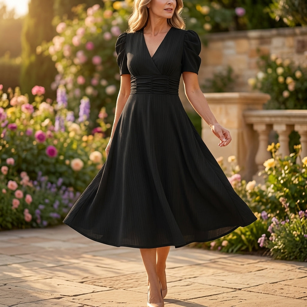 Elegant Puff Sleeve Midi Dress