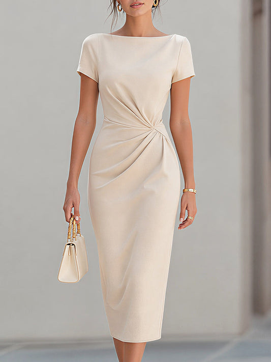 Boat Neck Short-Sleeve Twisted Waist Sheath Midi Dress - Clova Women's Fashion