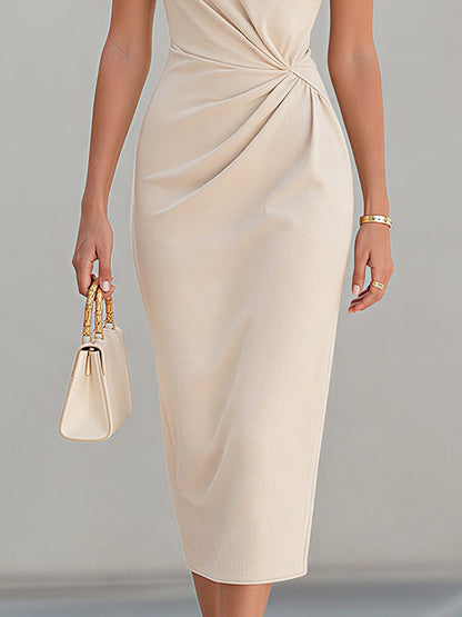 Boat Neck Short-Sleeve Twisted Waist Sheath Midi Dress - Style View 3 | Clova