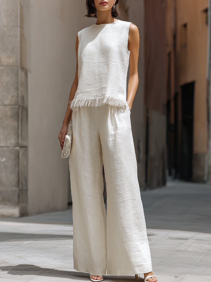 Sleeveless Textured Top And Wide-Leg Pants Set With Frayed Hem Detail - Clova Women's Fashion