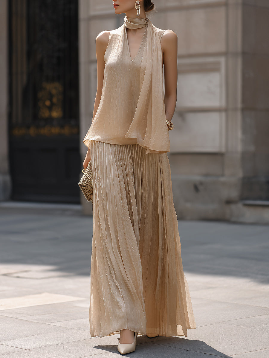 Draped Halter Top And Pleated Maxi Skirt Set With Flowing Silhouette - Clova Women's Fashion