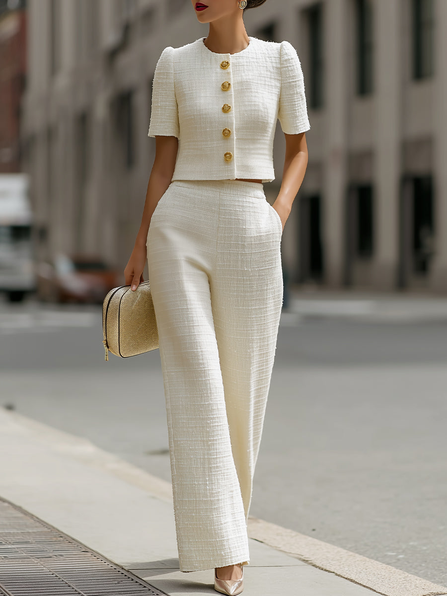 Tweed Cropped Short-Sleeve Jacket & High-Waisted Wide-Leg Pants Two-Piece Set - Clova Women's Fashion
