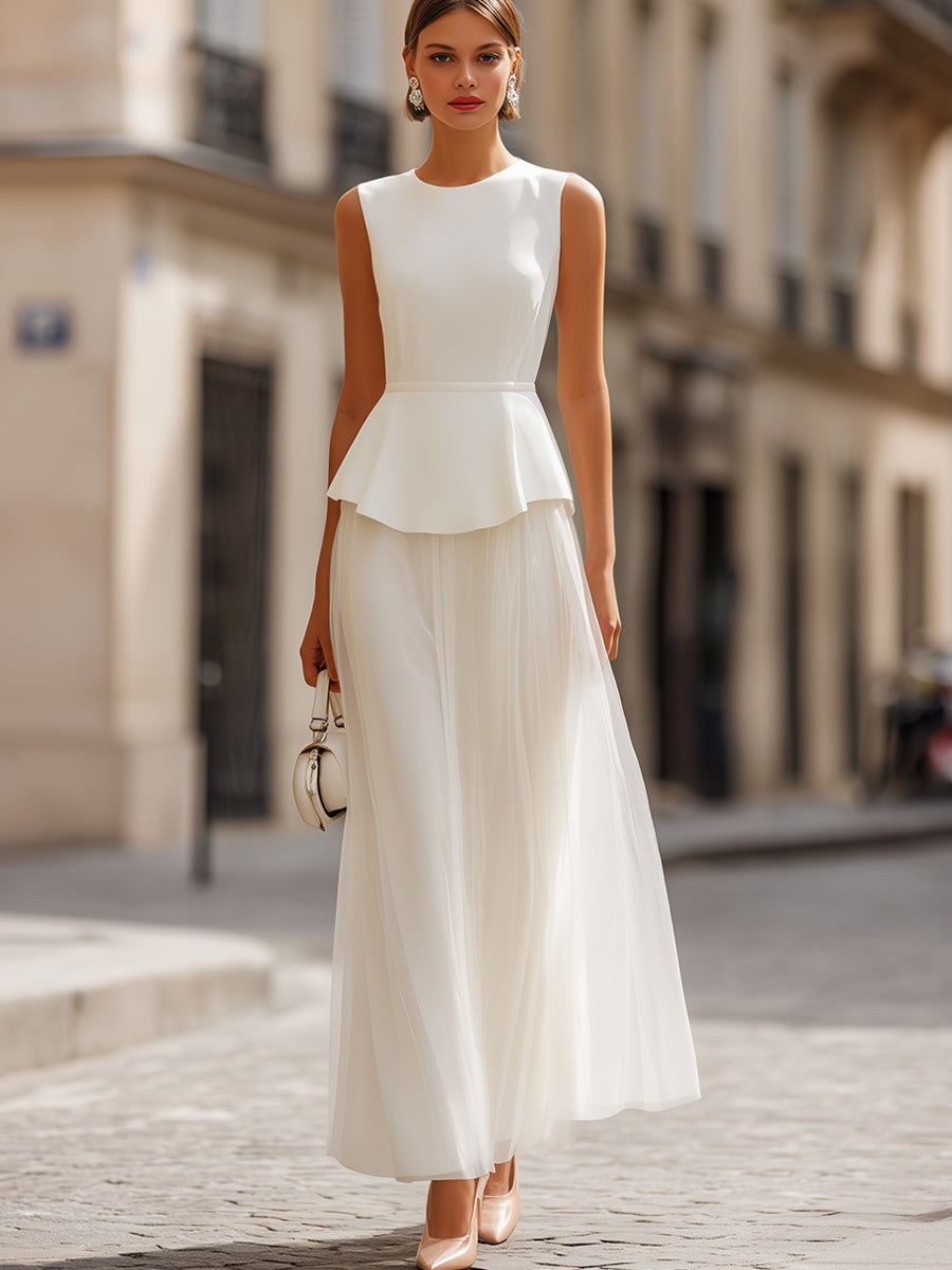 Structured Peplum Bodice Sleeveless Midi Dress With Sheer Skirt - Style View 2 | Clova