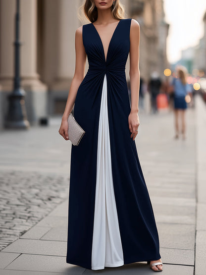 Ruched Deep V-Neck Contrast Panel Maxi Dress - Clova Women's Fashion