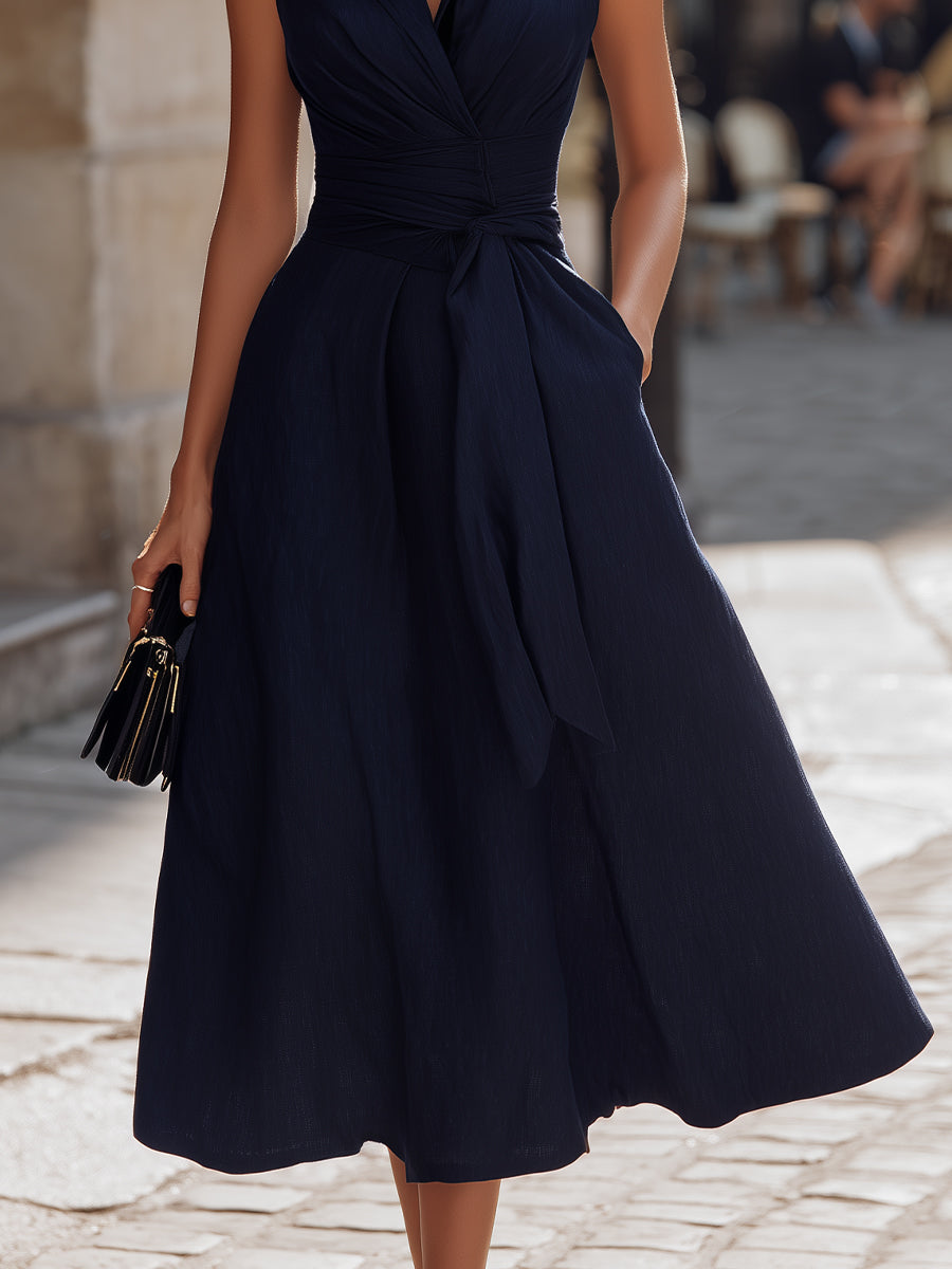 Tailored Wrap-Front Sleeveless Belted Midi Dress - Style View 3 | Clova