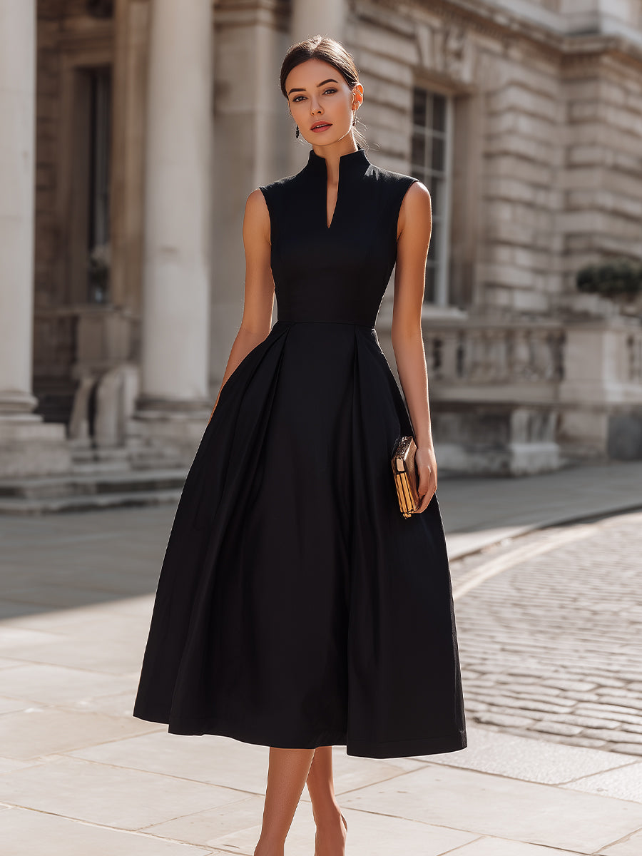 High-Neck Sleeveless Structured A-Line Midi Dress - Style View 2 | Clova