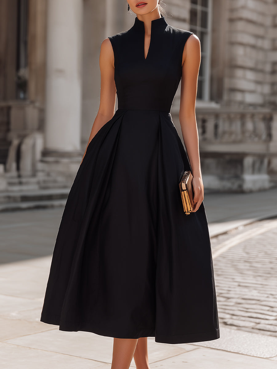 High-Neck Sleeveless Structured A-Line Midi Dress - Clova Women's Fashion