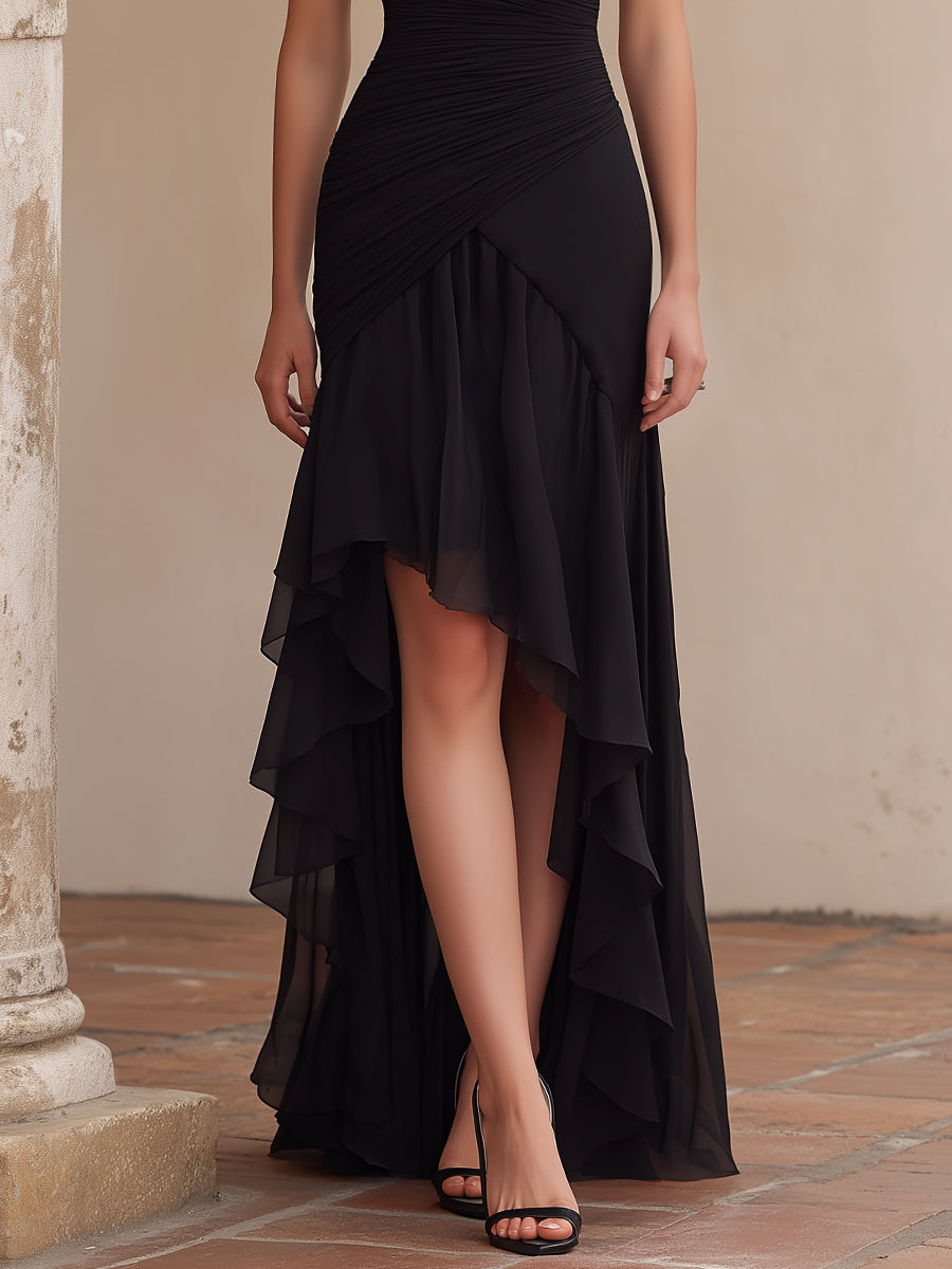 Ruched Lace-Shoulder High-Low Evening Dress - Style View 3 | Clova